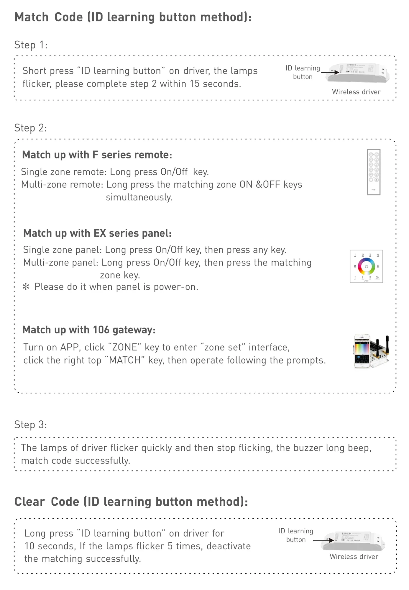 CV RF 2.4GHz Wireless Receiver 5/12/24V DC, 12Amax. 3A × 4CH, 0-100 Dimming level, IP20. F4-3A  LTECH Wireless Receiver